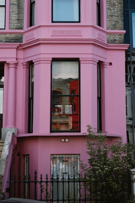 A white-painted residential building with a black front door numbered 43, located on a street with a paved sidewalk. The door features silver hardware, including a handle and letterbox, and is accessed via a short flight of brown concrete steps with no railing on the right side. To the left of the door, there are two multi-pane sash windows with white frames, one on the ground floor and another directly above it on the first floor. A black decorative metal balcony railing is visible above the upper window. In front of the building, a black vertical iron fence encloses a small garden area, where a slender tree with sparse, light green foliage and multiple thin branches extends upward, partially covering the windows and frontage. The scene is set during daylight, with soft, natural lighting illuminating the façade and casting gentle shadows on the pavement and steps. The overall setting presents a tidy, well-maintained residential entrance that could be part of a London street supported by private property management or local authorities, indicating an alternative to street rubbish collection, typical of urban rubbish removal or estate clearance services provided by companies like Rubbish Removal Notting Hill.
